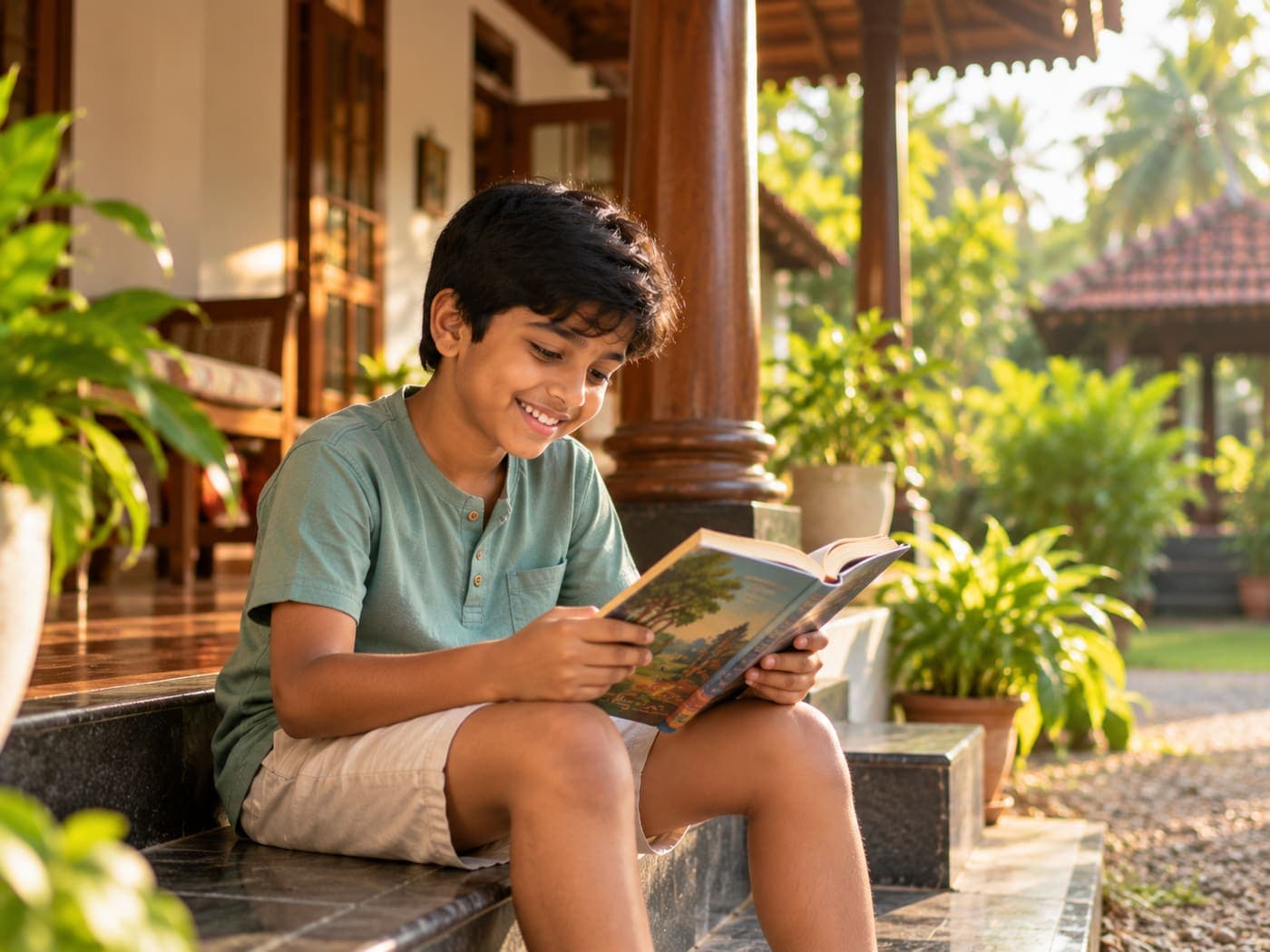 Boy reading a storybook on the steps of a Kerala home
