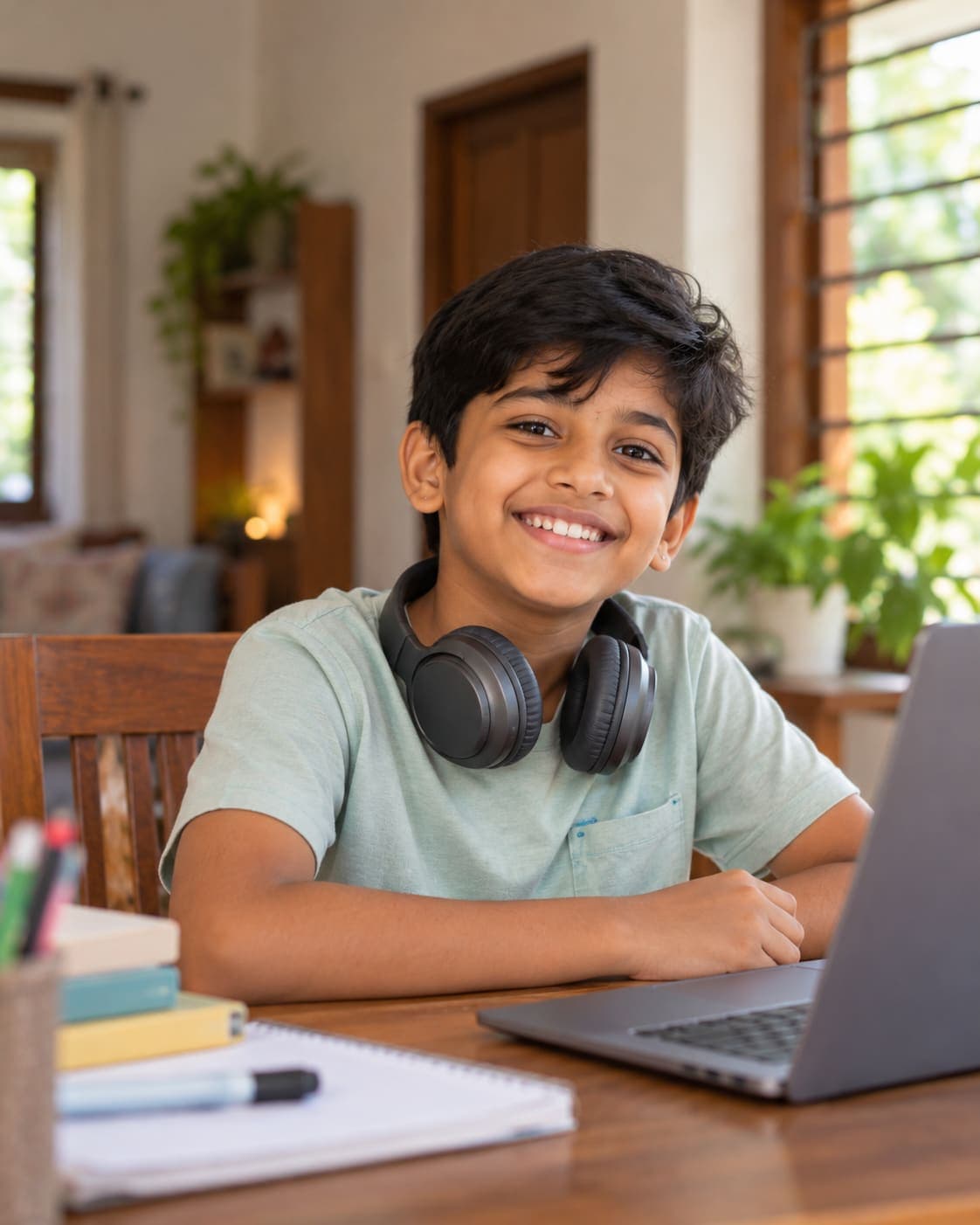 Smiling boy with headphones at his study desk