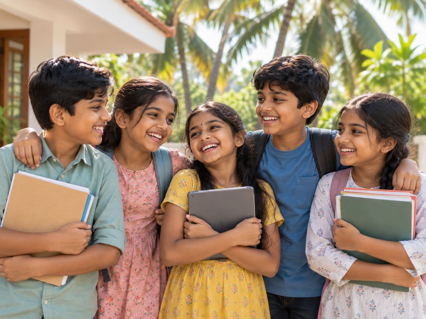 Group of cheerful children holding books and a tablet