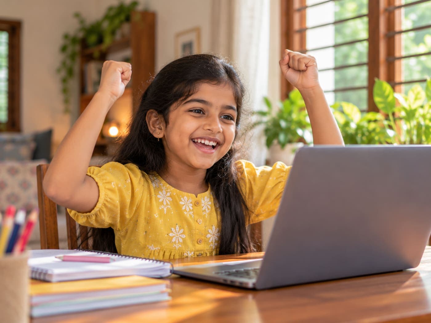 Excited girl celebrating in front of her laptop