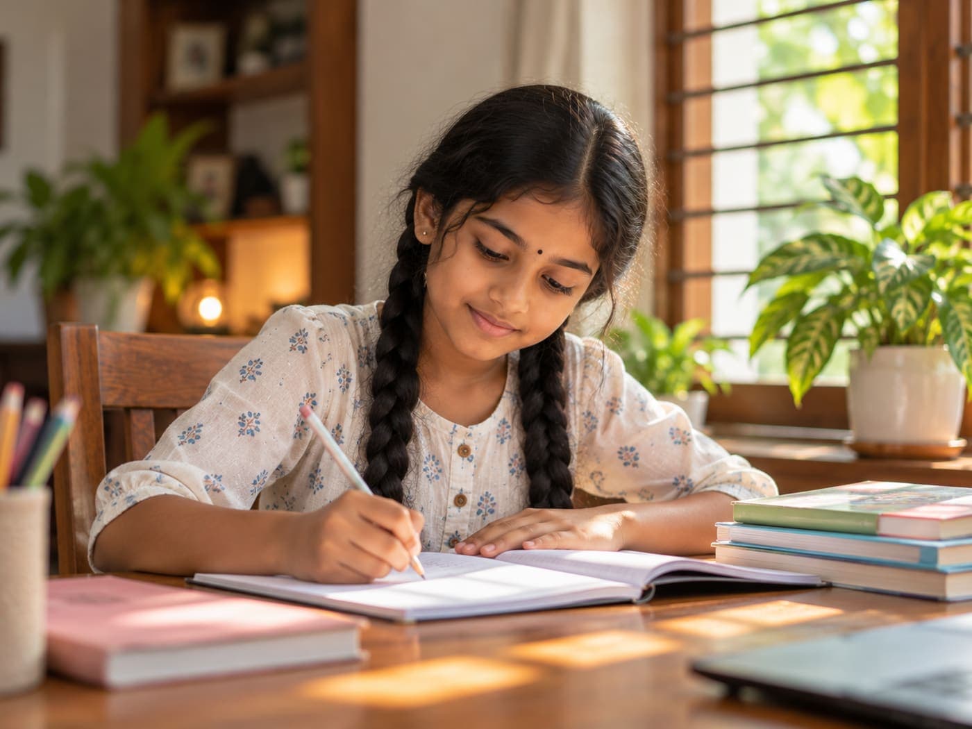 Girl writing in her notebook at a desk at home