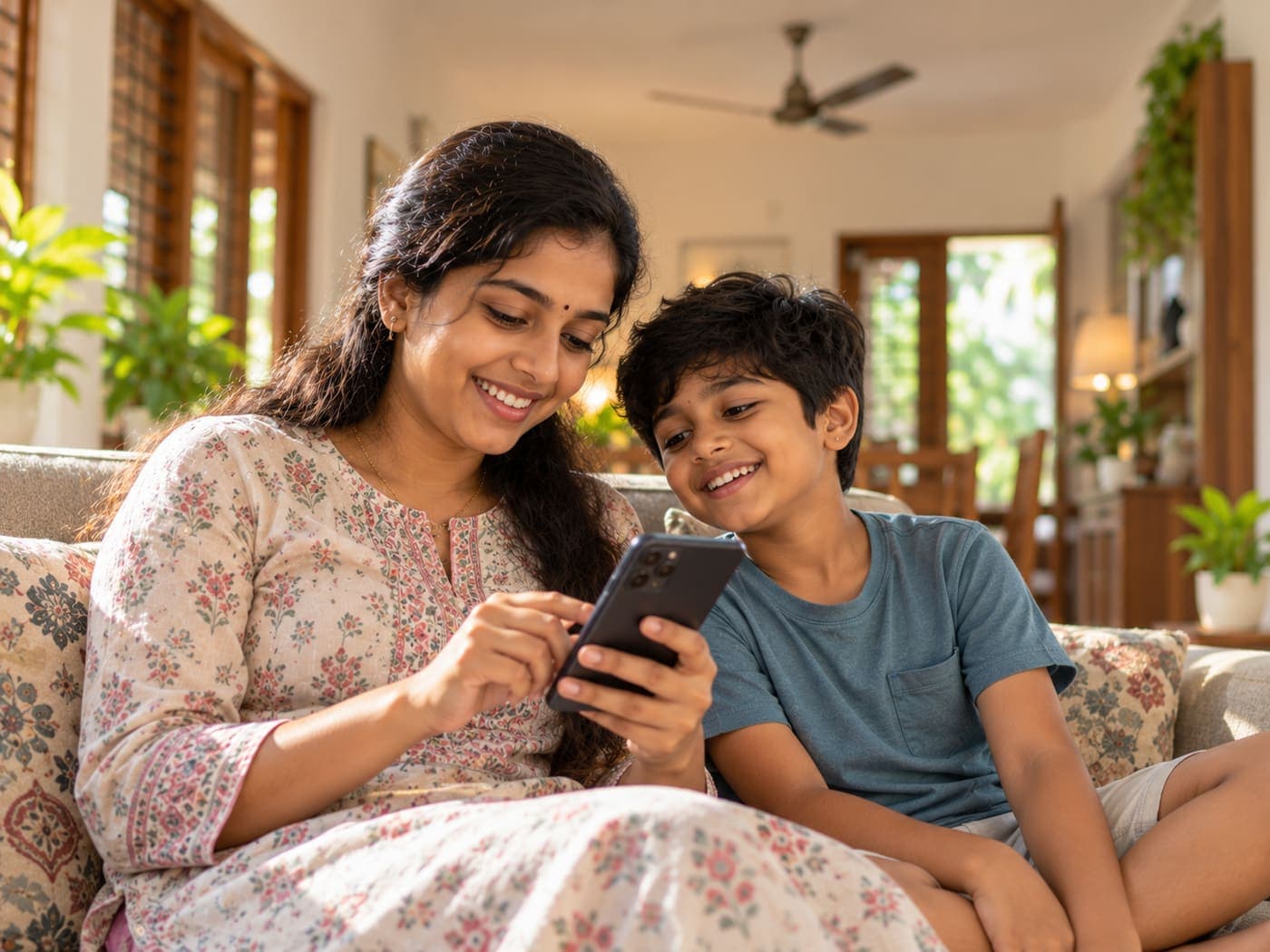 Mother messaging on her phone with her son beside her