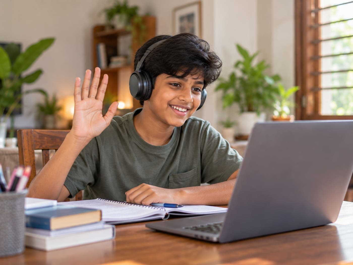 Teenage boy with headphones raising his hand in an online class